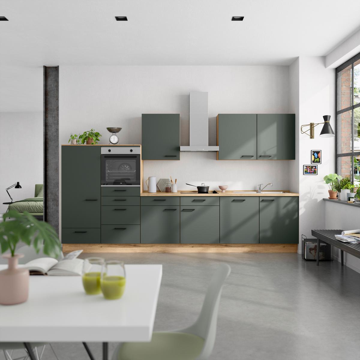 Kuchyňská linka 360 cm, minerální zelená,ultra matná - barvy dubu/černá, Moderní, kov/kompozitní dřevo (360cm) - Nobilia