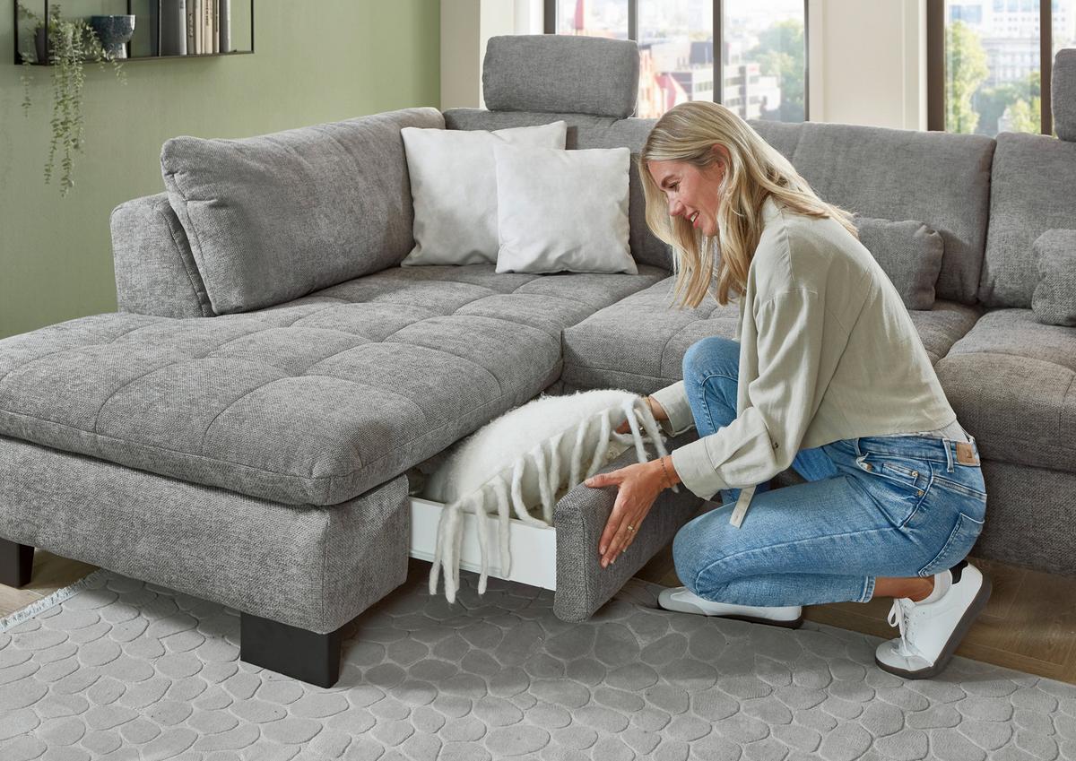 Rohová sedačka LANDO, levá, šedá žinylka, s funkcemi - šedá/černá, Moderní, kov/textil (197/289cm) - Premium Living