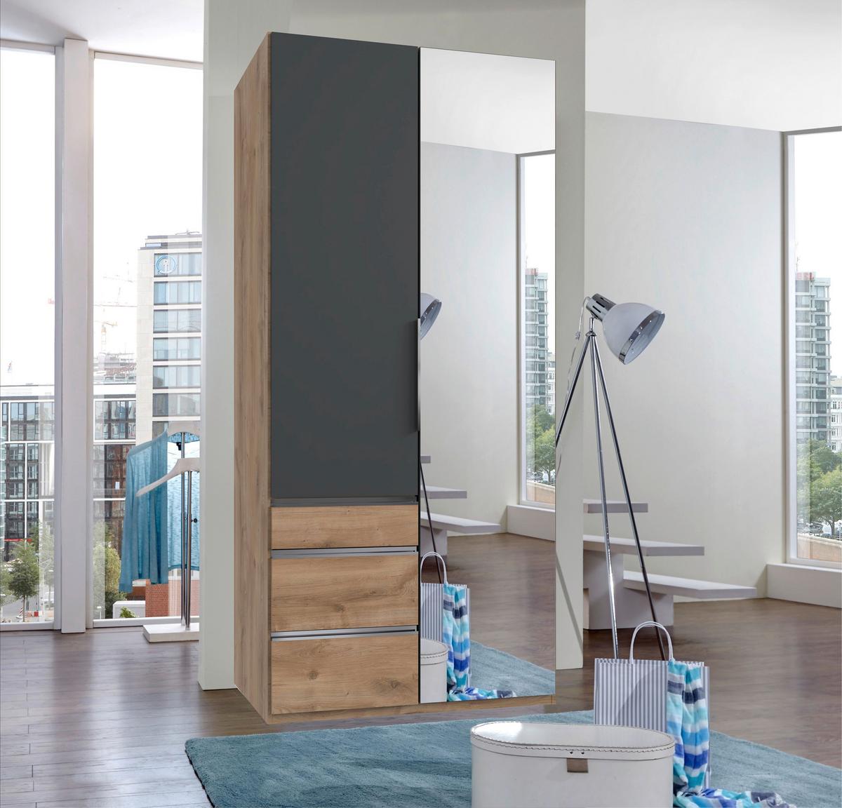 Drehtürenschrank Level 36 A Graphit/Eiche/Spiegel,b:100cm - Plankeneiche/Graphitfarben, KONVENTIONELL, Glas/Holzwerkstoff (100/216/58cm) - MID.YOU