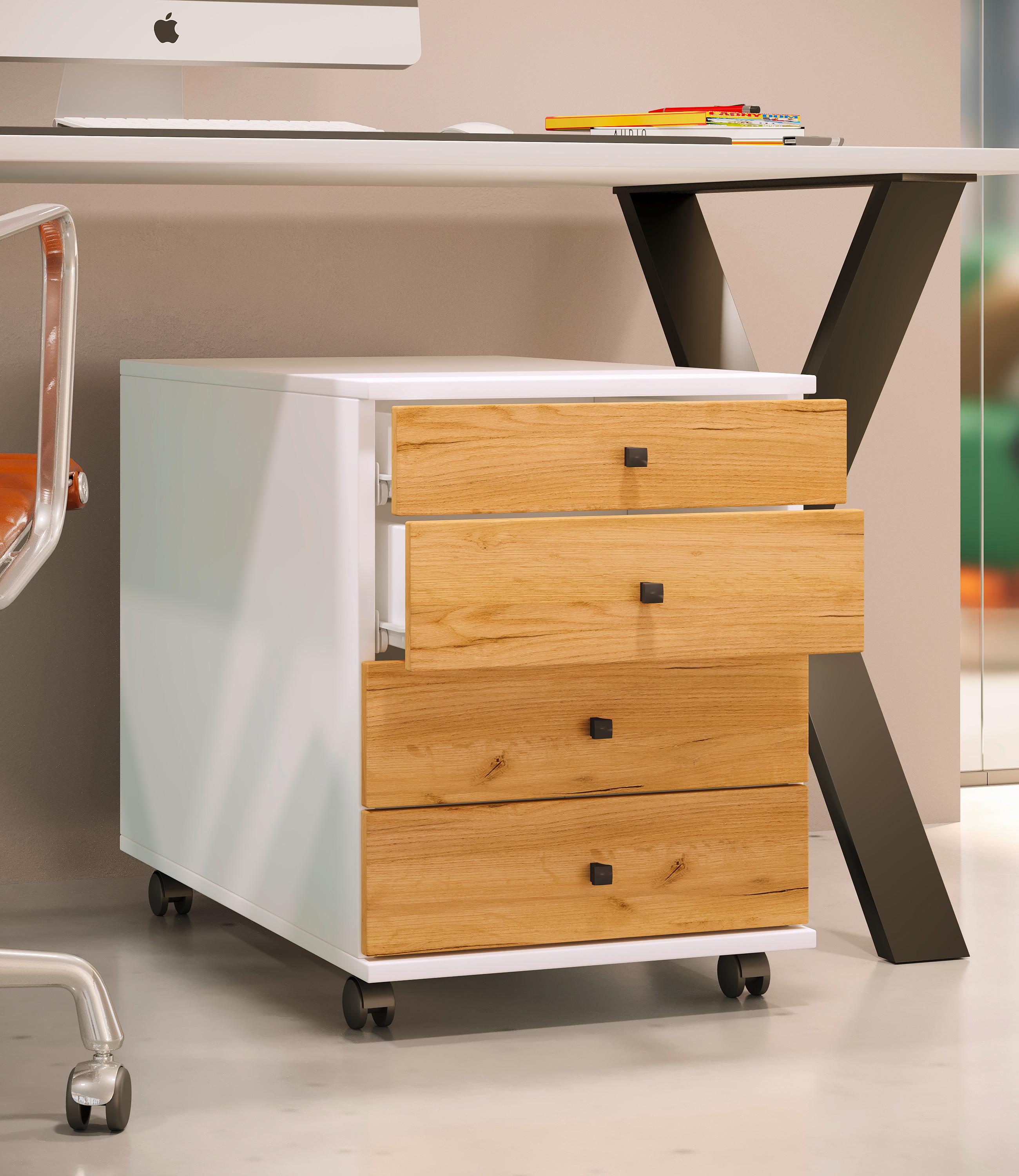 Rollcontainer Lona Weiß Honigeiche Dekor - Honigeiche/Schwarz, Design, Holzwerkstoff/Kunststoff (42/57/75cm) - MID.YOU