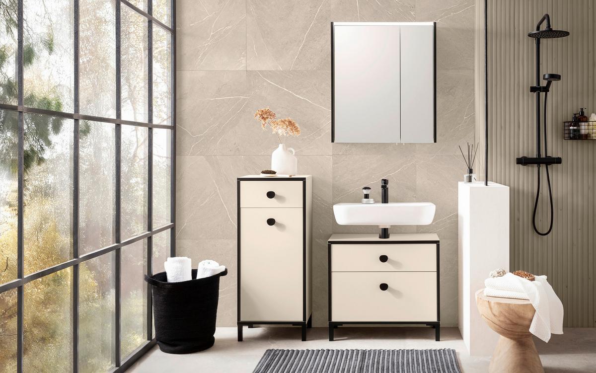 Spiegelschrank Creme, Beige B: 63,5cm - Beige/Creme, MODERN, Glas/Holzwerkstoff (63,5/72,4/17,5cm) - MID.YOU