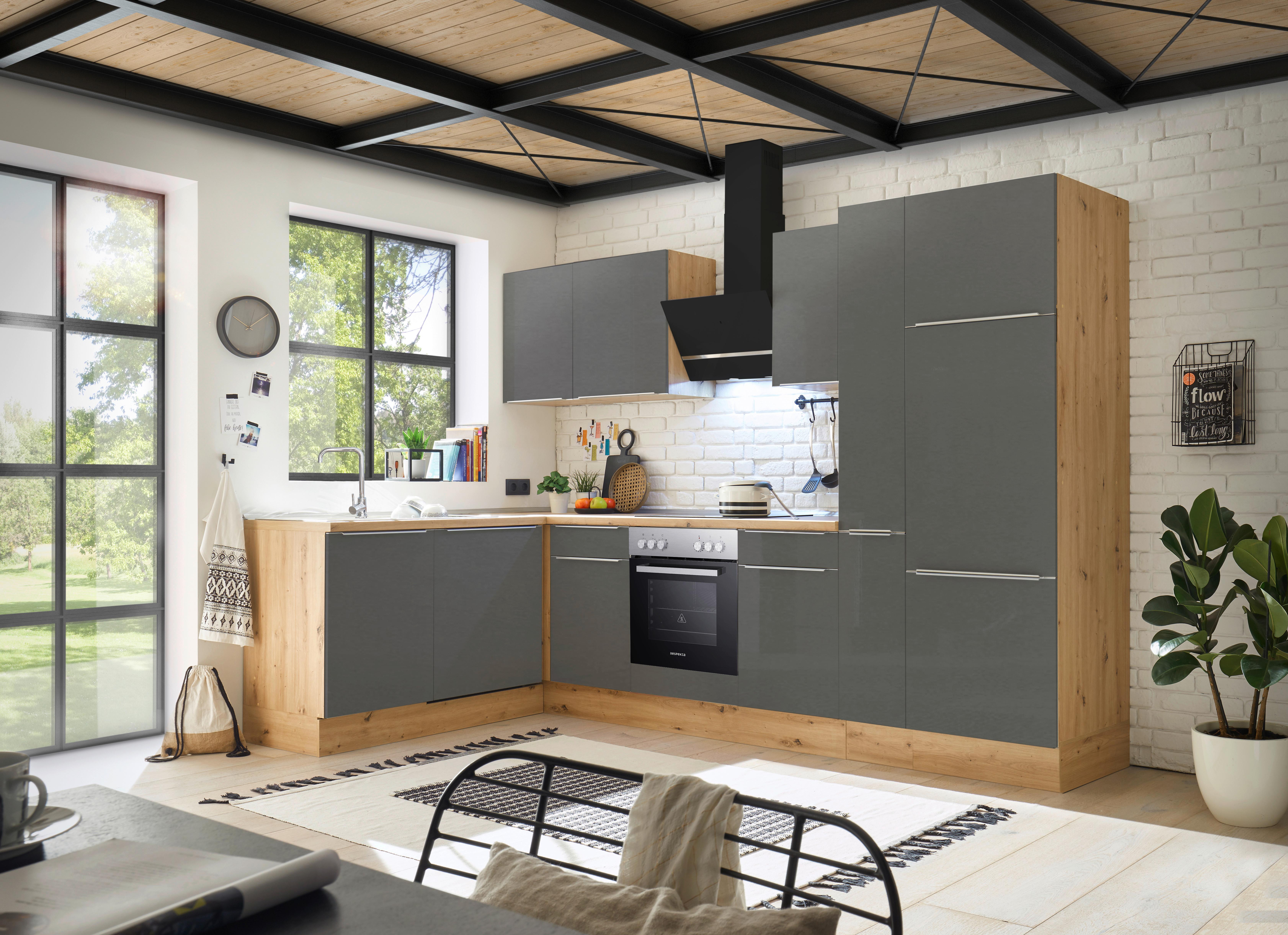 Eckküche mit Geräten 310x170 cm Grau/Eiche Dekor, Modern