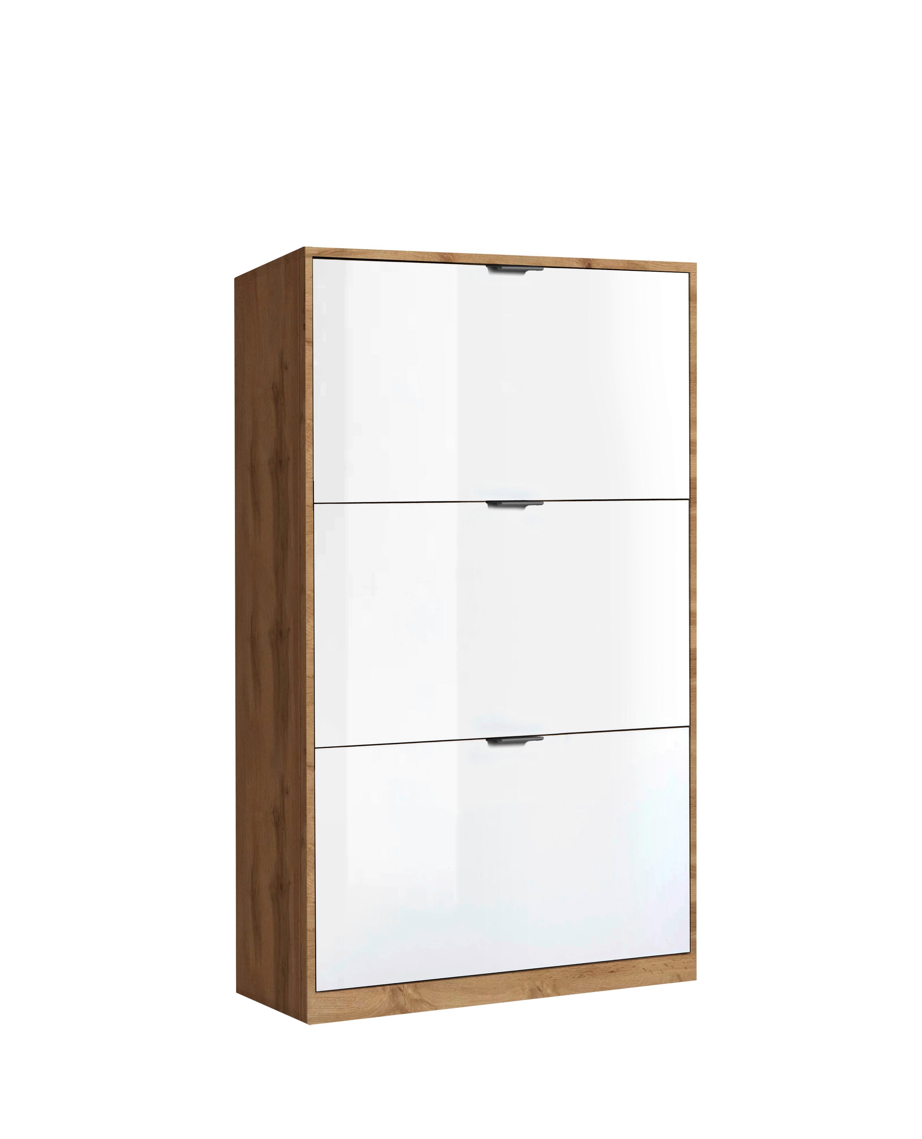 Cipősszekrény Yoro 3 64/119,7cm - Wotan tölgy/magasfényű fehér, Konventionell, faalapú anyag (64/119,7/19cm)