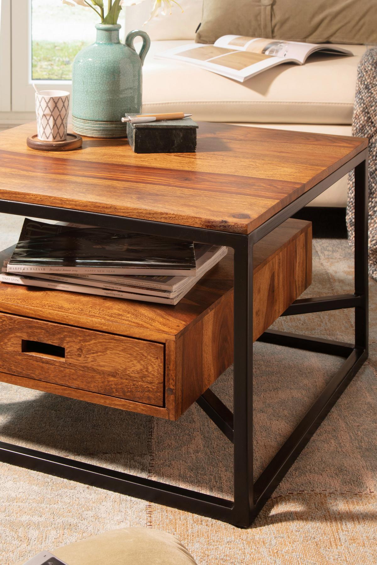 Couchtisch Sheesham B: 60 cm inkl. Lade - Sheeshamfarben/Schwarz, Design, Holz/Metall (60/60/40cm) - MID.YOU