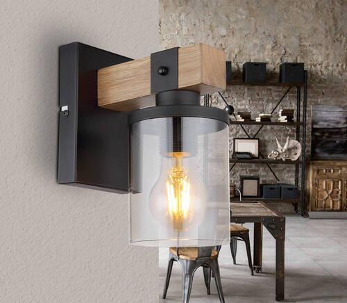 Wandleuchte 15555w - Dunkelbraun/Schwarz, Natur, Glas/Holz (10/17/22,5cm) - Globo