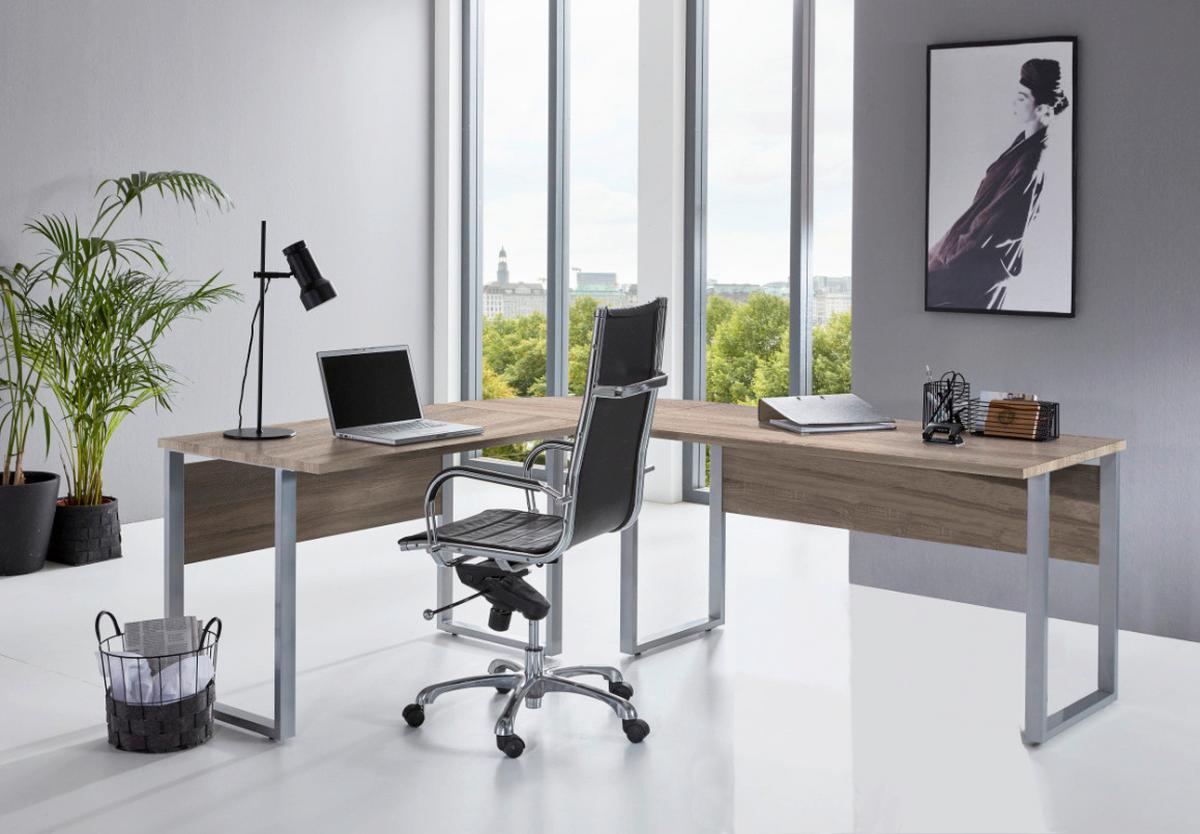 Eckschreibtisch Office Edition Sonoma Eiche Dekor L:205-177cm - Silberfarben/Sonoma Eiche, MODERN, Holzwerkstoff/Metall (205-177/77/177-205cm) - MID.YOU