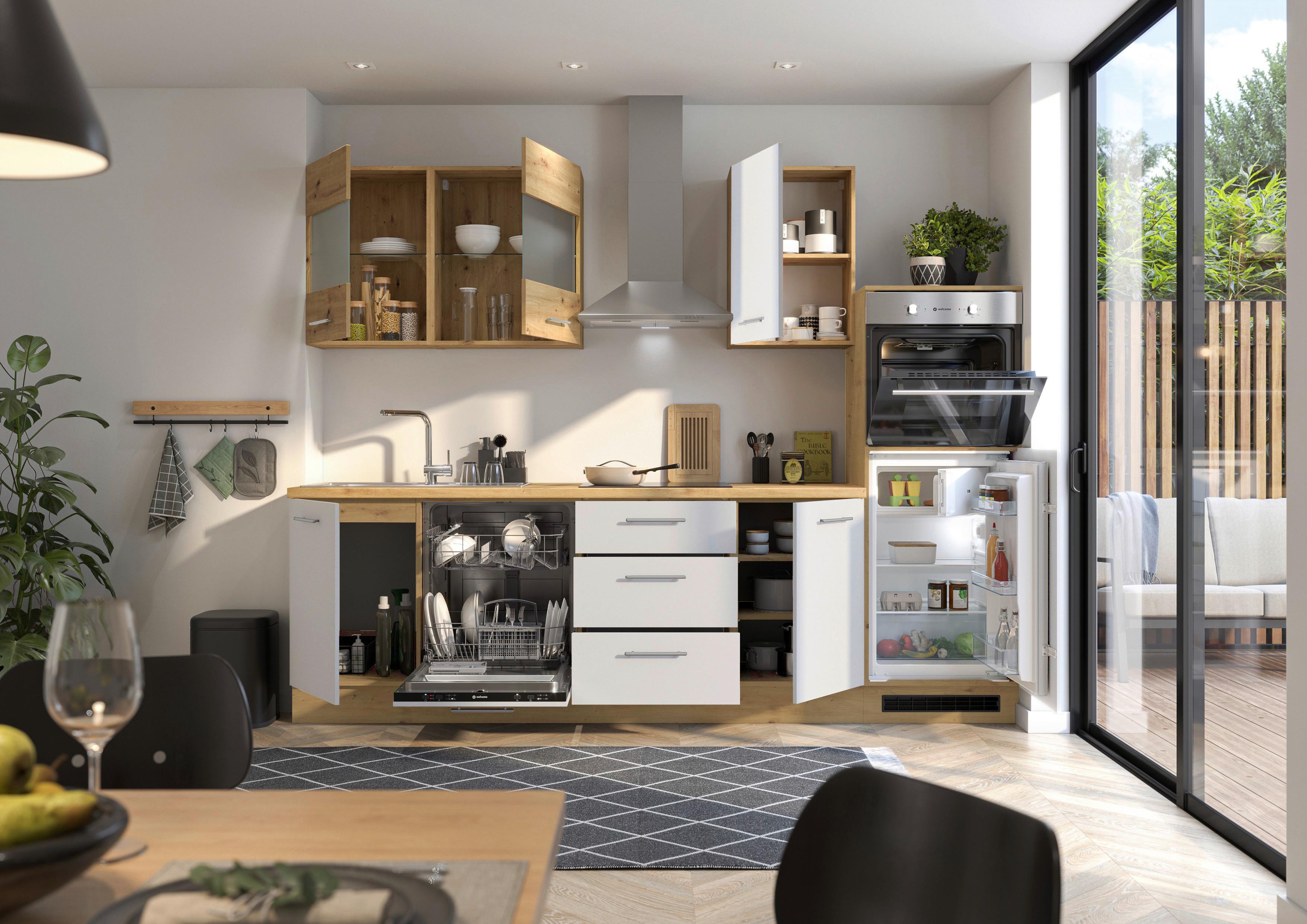 Küchenblock Capri Weiß/Eiche Dekor B: 280 cm - Weiß/Eiche Artisan, Basics, Glas/Holzwerkstoff (280cm) - MID.YOU