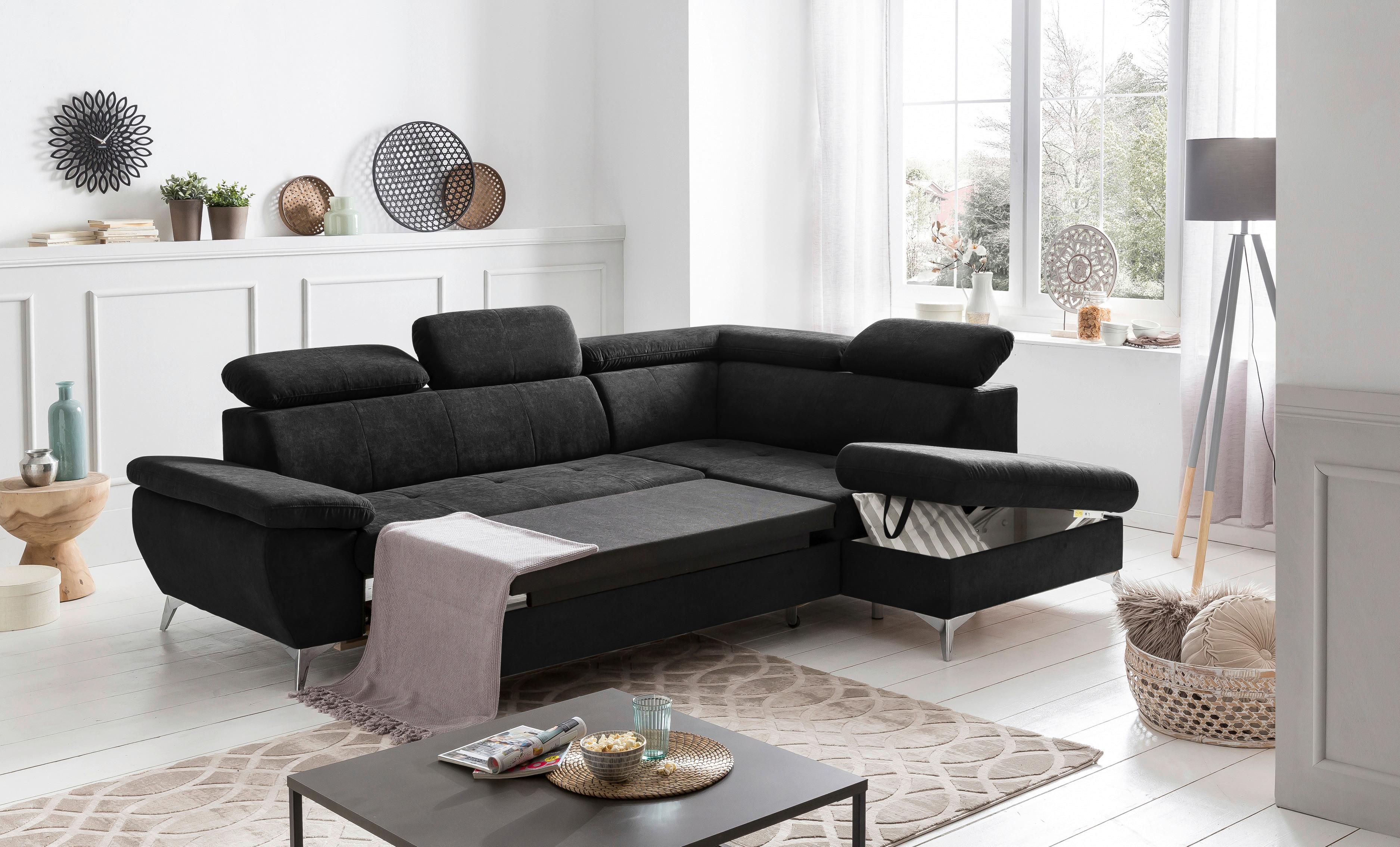 Ecksofa Mit Schlaffunktion Und Bettkasten Gisele Schwarz - Chromfarben/Schwarz, KONVENTIONELL, Textil (256/209cm) - Livetastic