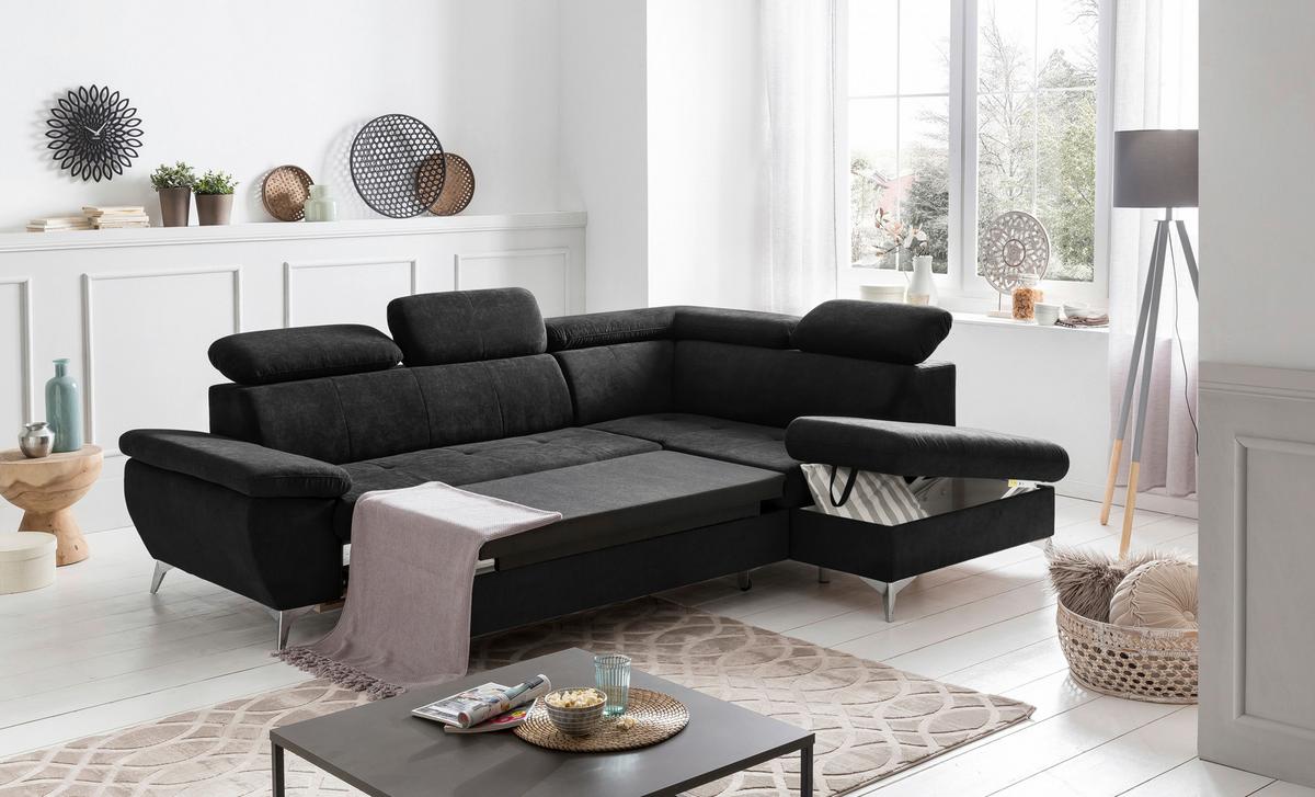 Ecksofa mit Schlaffunktion und Bettkasten Gisele Schwarz - Chromfarben/Schwarz, KONVENTIONELL, Textil (256/209cm) - Livetastic