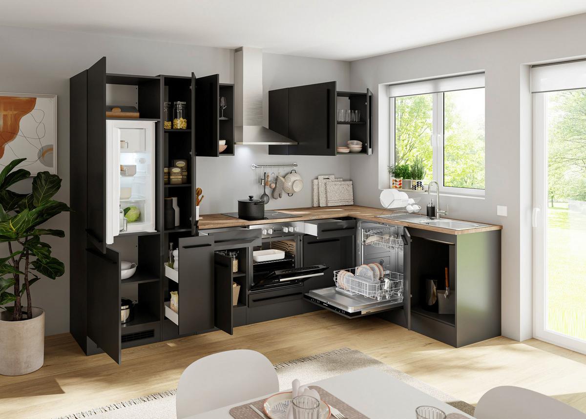 Eckküche Jazz 8 310 Schwarz S: 310x175 cm - Eichefarben/Schwarz, LIFESTYLE, Holzwerkstoff (310/175/60cm) - P & B