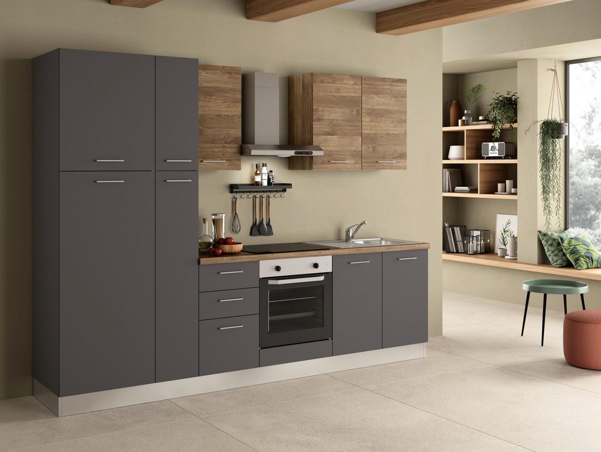 Küchenzeile Freia Mit Kühlschrank 285 Cm - Walnussfarben/Alufarben, LIFESTYLE, Holzwerkstoff/Kunststoff (285cm) - MID.YOU