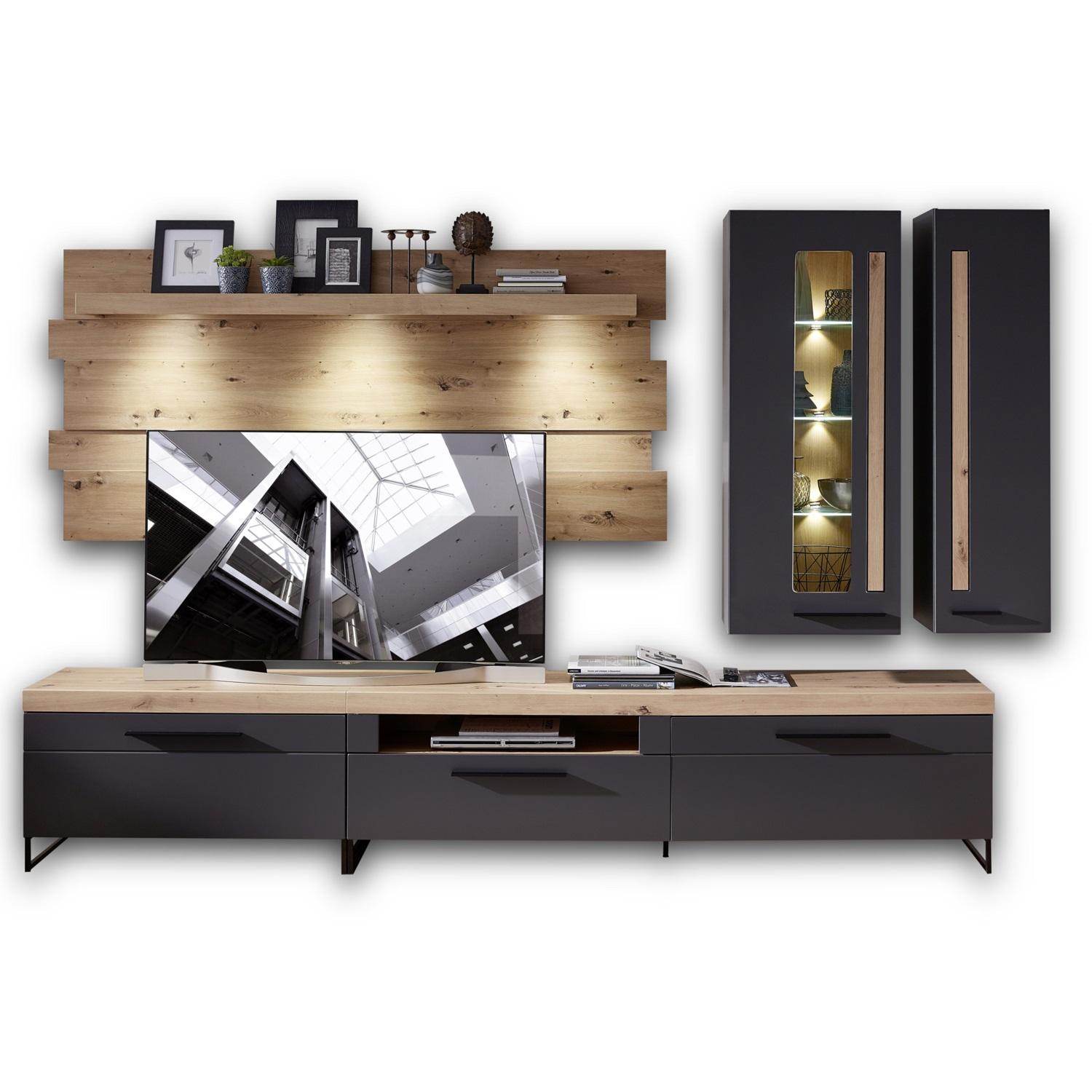 Obývacia Stena Loft -Two Grafit/dub Artisan - farby dubu/čierna, Moderný, kov/kompozitné drevo (314/201/44cm) - Livetastic