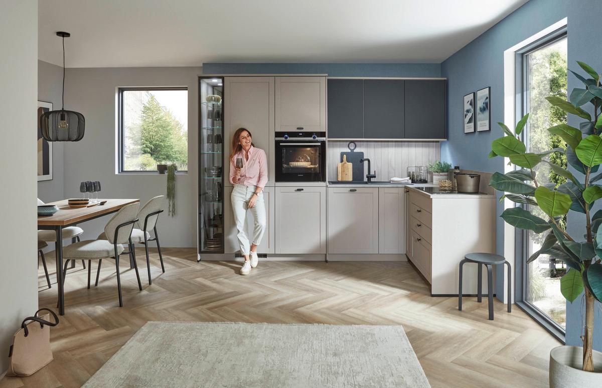 Eckküche Fermo/eastbourne - Hellbraun/Blau, MODERN, Holzwerkstoff (303,4/181,8cm) - Vertico