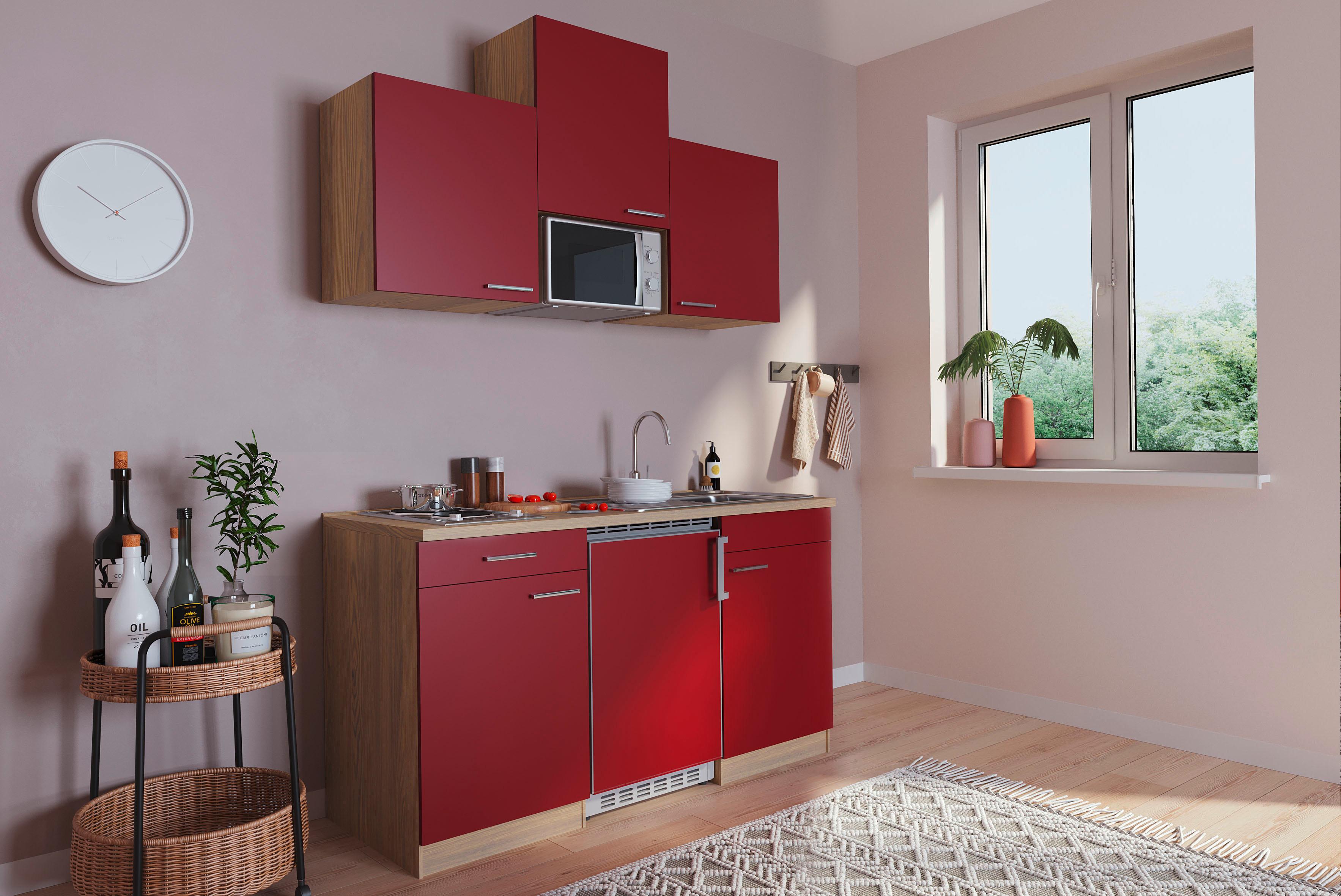 Miniküche mit Mikrowelle + Kühlschrank 150 cm Rot/Eiche - Rot, Basics, Holzwerkstoff (150cm) - Respekta