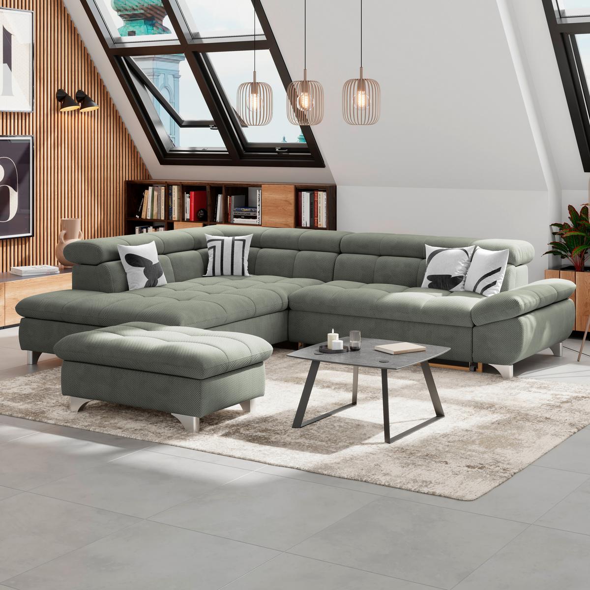 Eckbank Gemini Grün, B: 234cm - Chromfarben/Grün, KONVENTIONELL, Textil (234/312cm)