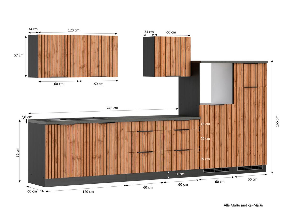 Küchenleerblock Liverpool Graphit/Eiche Dekor B: 360 cm - Schieferfarben/Eiche Wotan, Basics, Holzwerkstoff (360cm) - Held