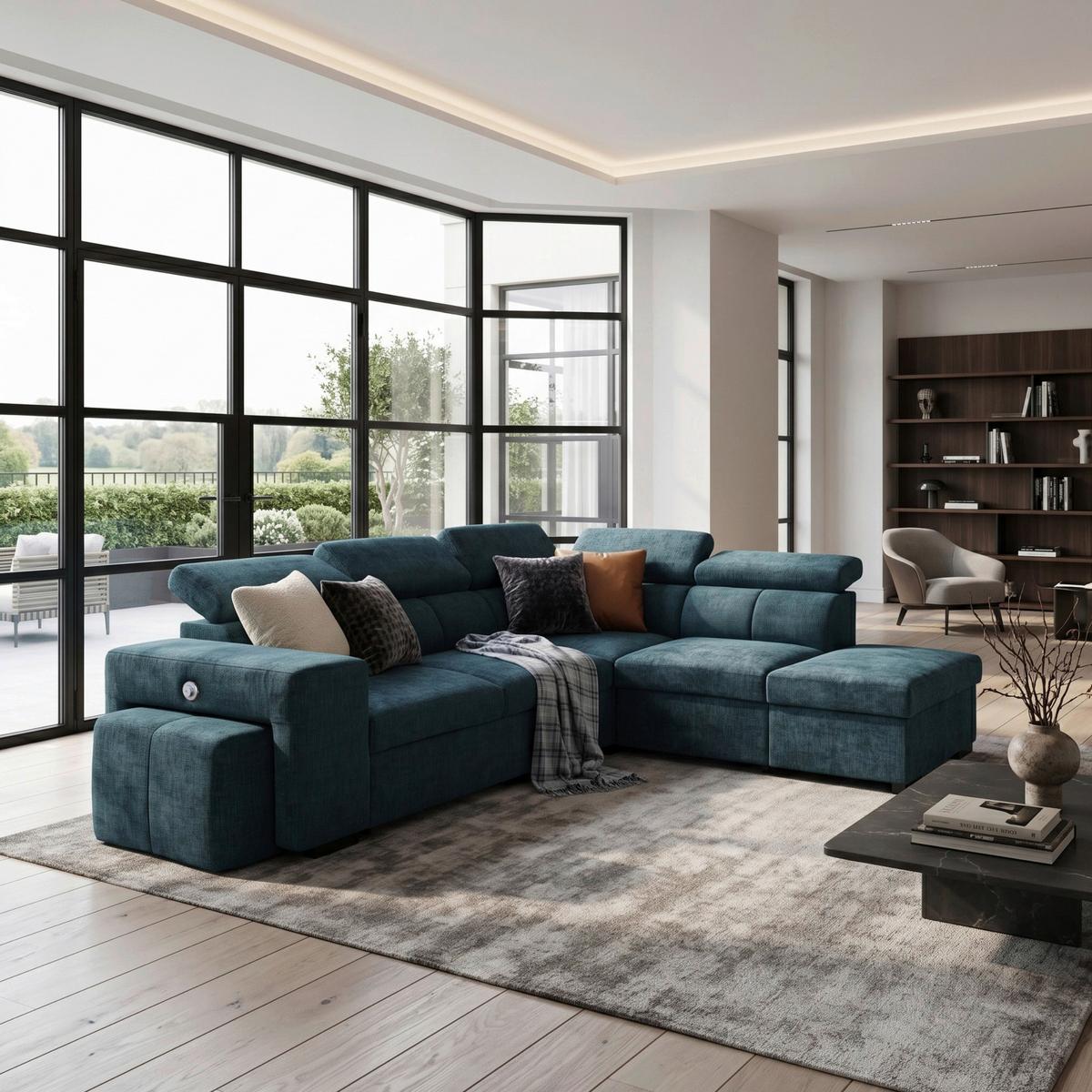 Ecksofa Sirius L blau, 267x218cm - Blau/Eichefarben, KONVENTIONELL, Holz/Holzwerkstoff (267/218cm)