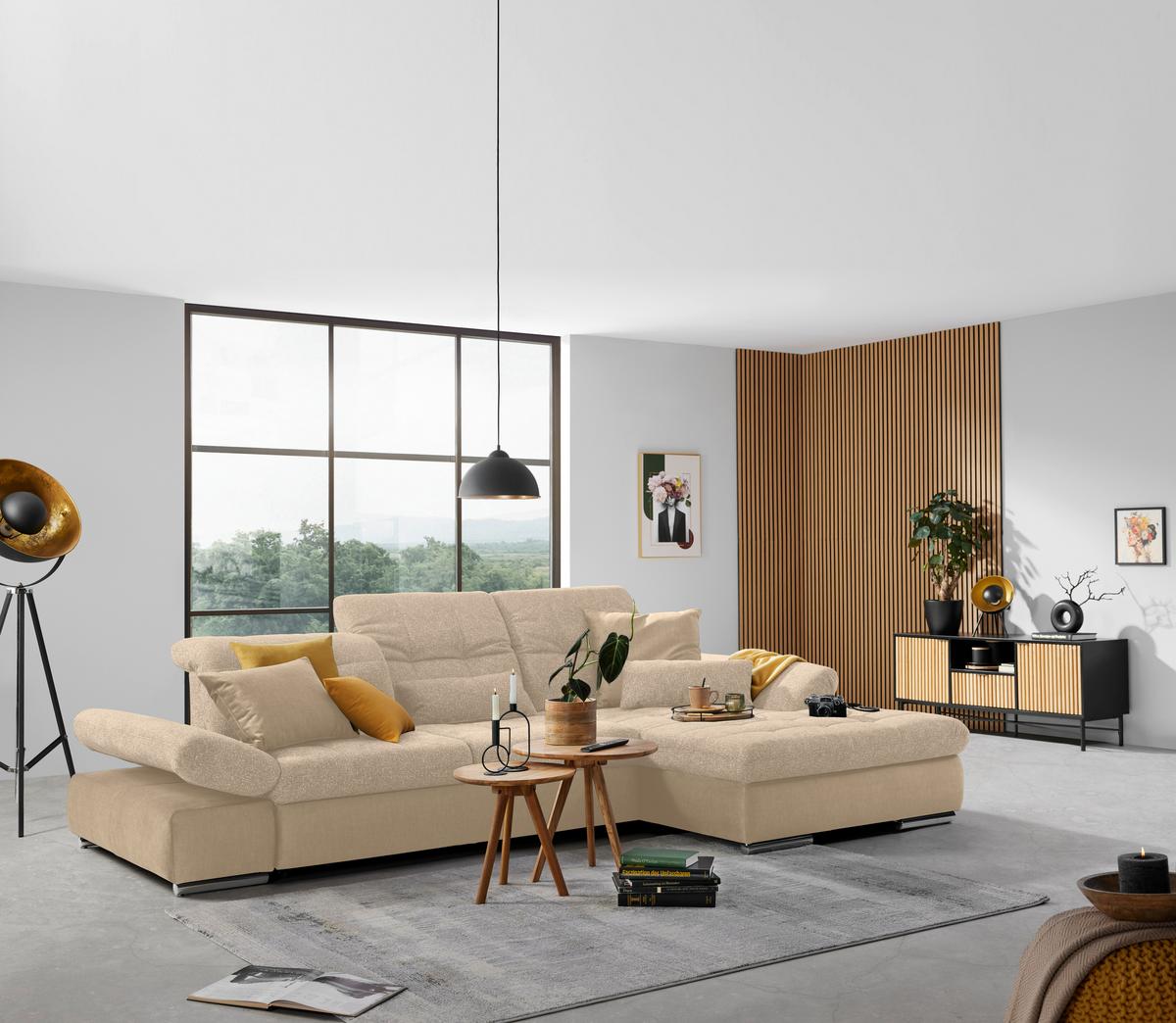 Rohová sedačka SANFINO, pravá, šedohnědá / béžová - barvy chromu/béžová, Konvenční, kov/dřevo (305/79-96/199cm) - Premium Living