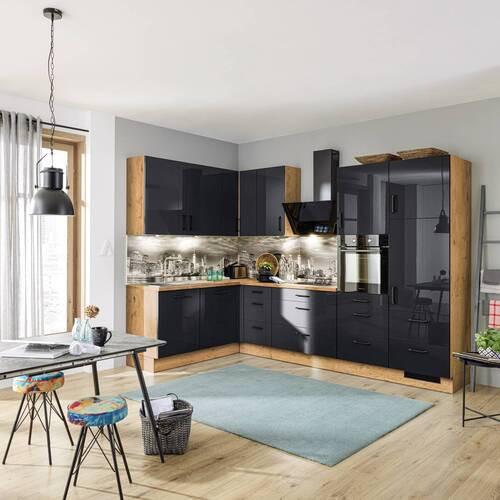 Eckküche Ip4050 Ohne Geräte 185x320 Cm Schwarz Hochglanz - Schwarz Hochglanz/Eichefarben, Basics (185/320cm) - Impuls