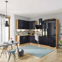 Eckküche Ip4050 ohne Geräte 185x320 cm Schwarz Hochglanz - Schwarz Hochglanz/Eichefarben, Basics (185/320cm) - Impuls