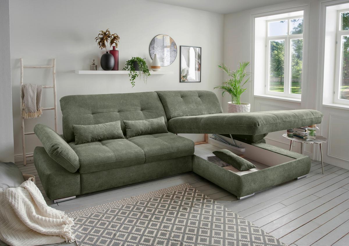 Ecksofa Dalida Dunkelgrün S: 300x196cm - Chromfarben/Dunkelgrün, MODERN, Textil (300/196cm) - Livetastic