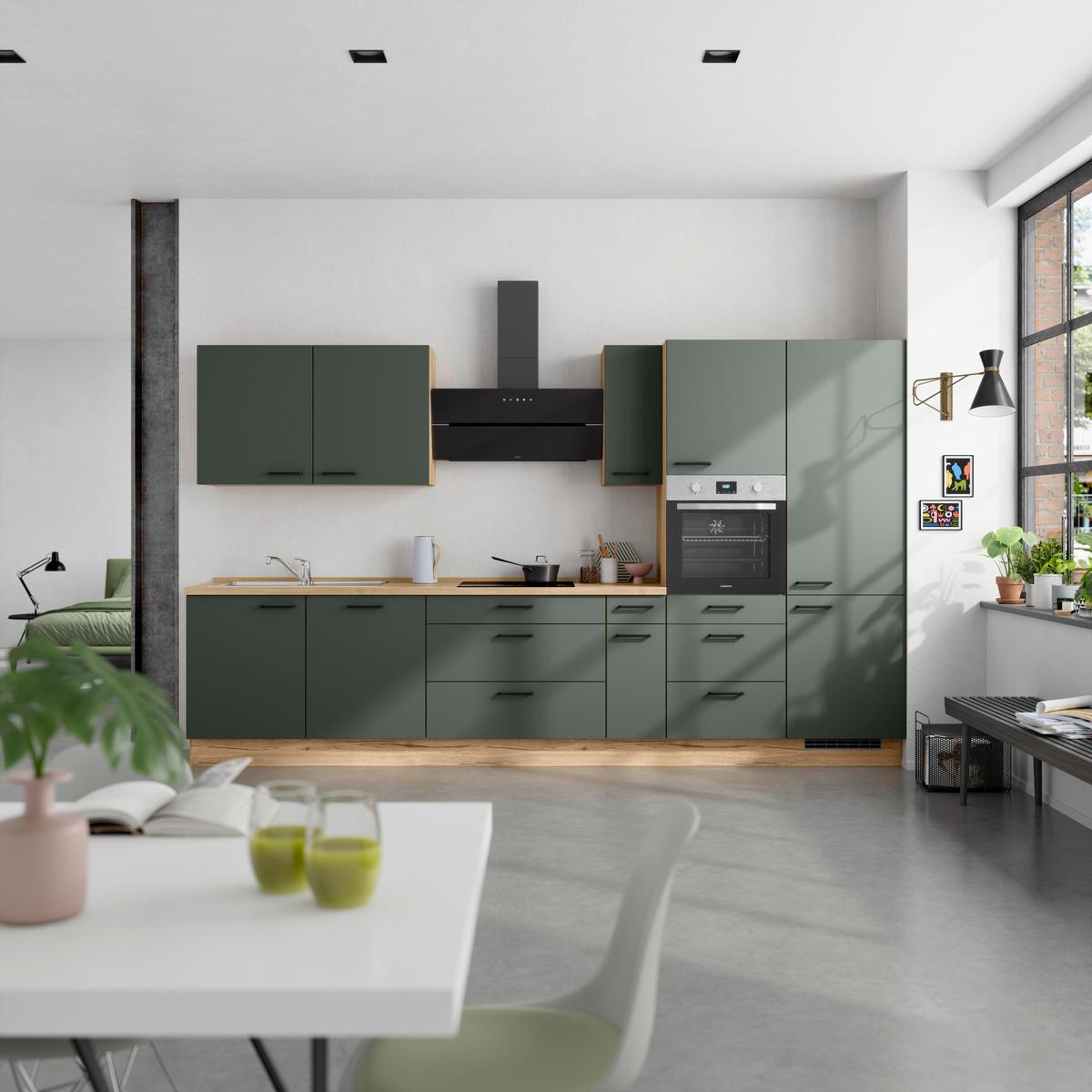 Kuchyňská linka 360 cm, minerální zelená,ultra matná - barvy dubu/černá, Moderní, kov/kompozitní dřevo (360cm) - Nobilia