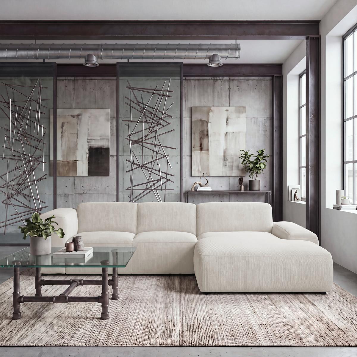 ECKSOFA Hannah Creme 304x200 cm - Creme/Schwarz, Design, Textil (304/200cm) - MID.YOU