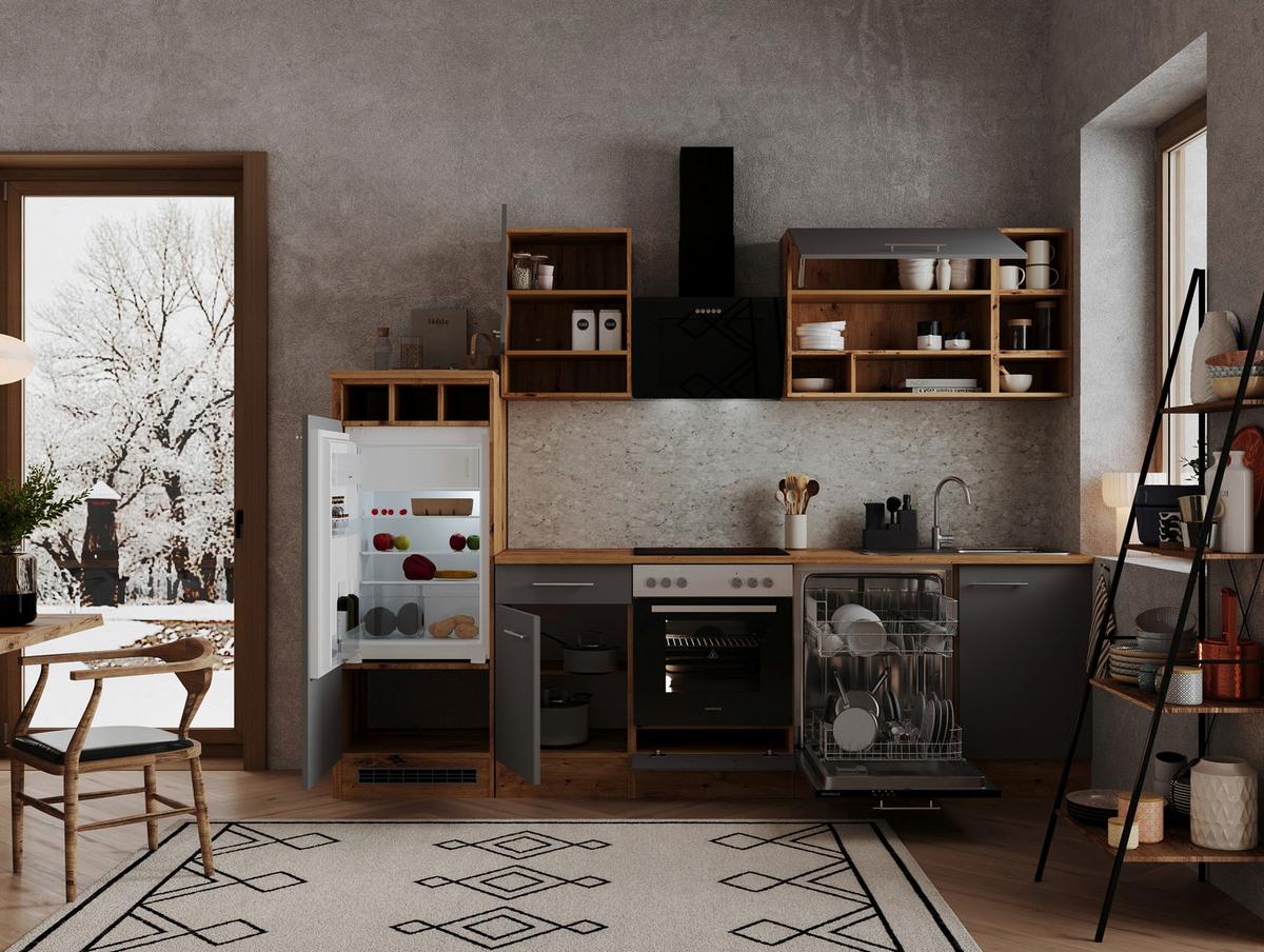 Küchenzeile Economy Mit Geräten 280 cm Grau/Wildeiche - Wildeiche/Grau, Basics, Holzwerkstoff (280cm) - Respekta