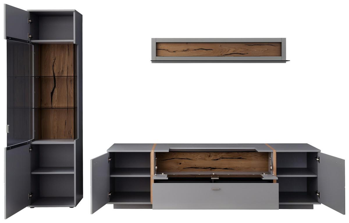 Wohnkombination teilmassiv 3--teilig. Sevilla Grau/Eiche - Eichefarben/Schwarz, Design, Glas/Holzwerkstoff (276/207/50cm) - MID.YOU