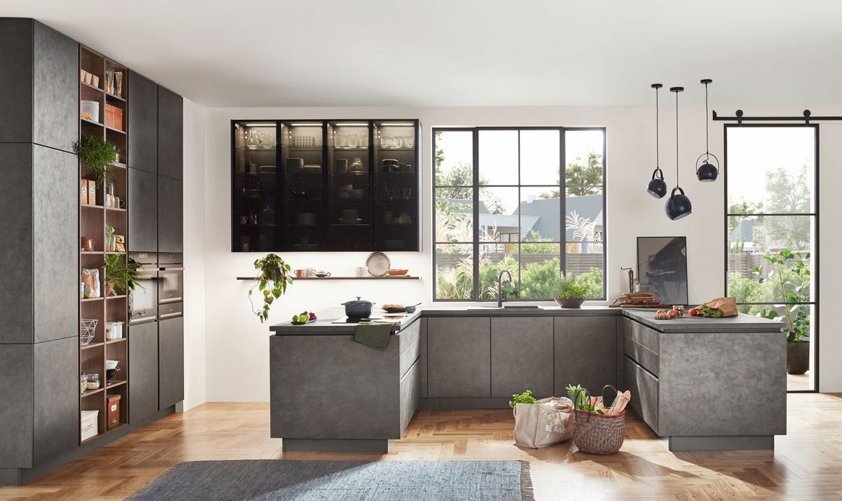 Einbauküche Riga Frei Planbar Modern, Grifflos - Eichefarben/Anthrazit, MODERN, Holzwerkstoff - Vertico