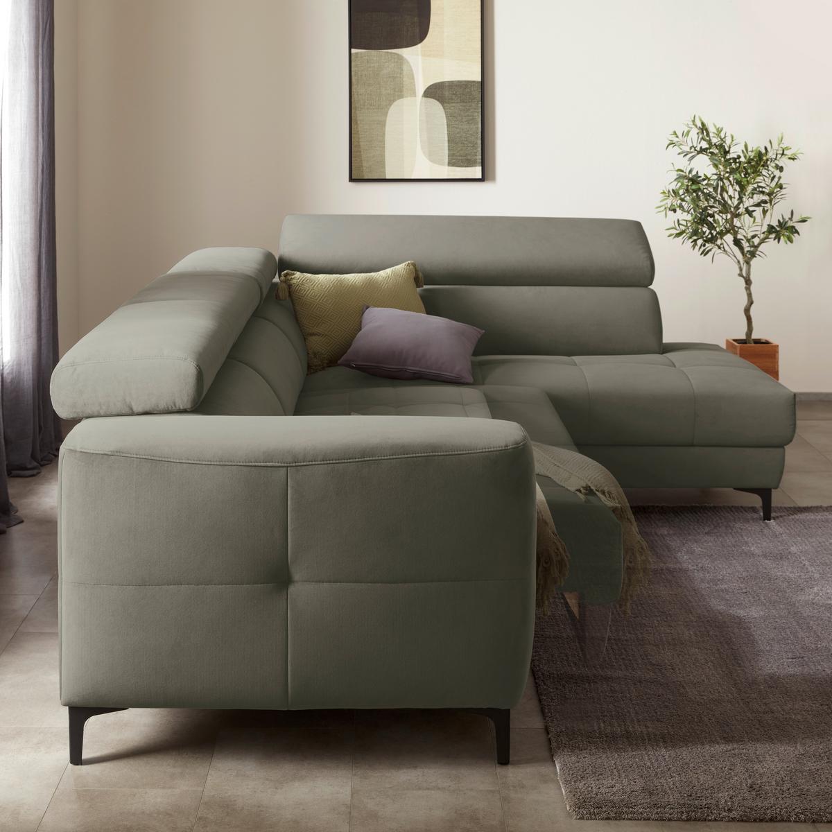 Rohová sedačka EMMA, pravá, šedozelená,op.hl.,USB,el.výsuv - černá/šedozelená, Moderní, textil (301/210cm) - Premium Living