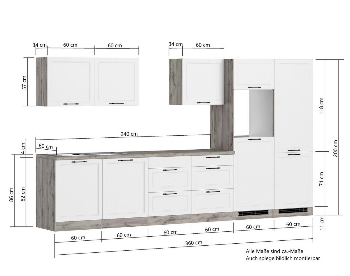 Küchenzeile Meran Ohne Geräte B: 360 Cm Weiß/eiche Dekor - Eiche Wotan/Weiß, LIFESTYLE, Holzwerkstoff (360cm) - Held