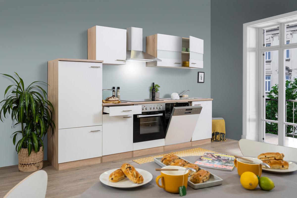 Küchenzeile ohne Geräte B: 280 cm Weiß/Eiche Dekor, Modern - Eichefarben/Weiß, Basics, Holzwerkstoff (280/200/60cm) - Respekta