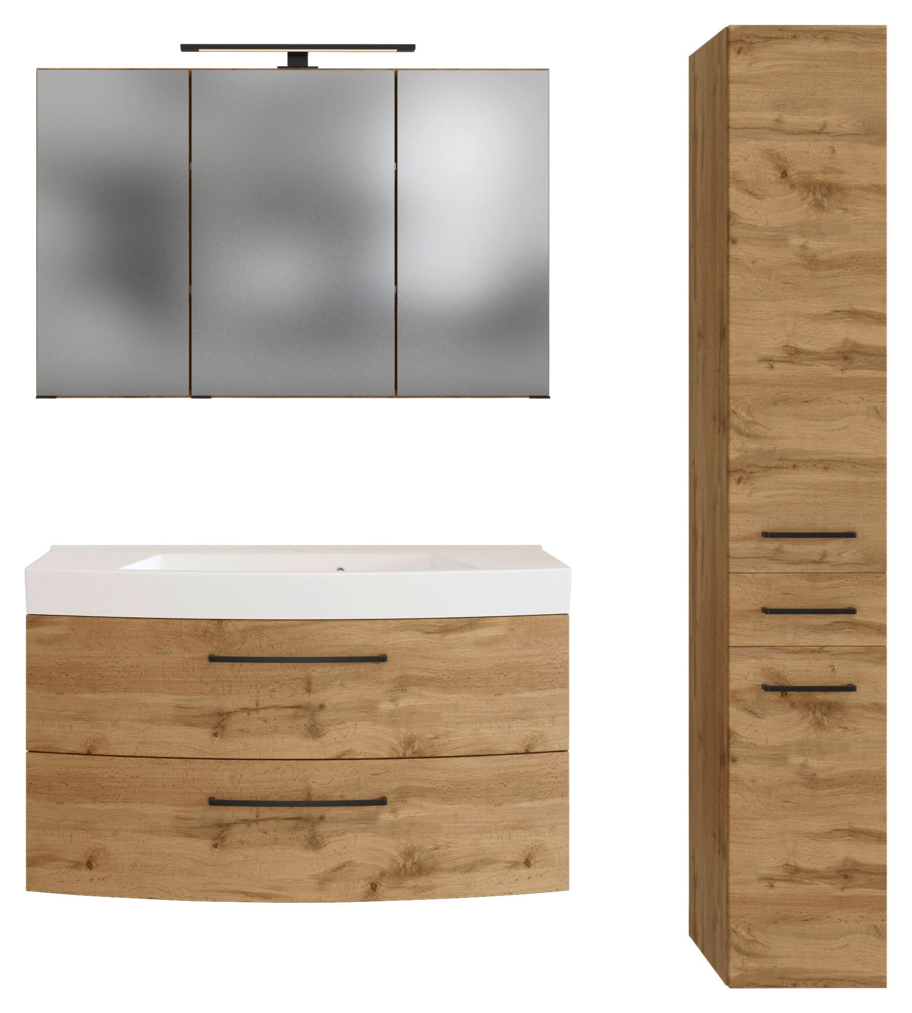 Badmöbel-Set 3 -teilig. Manchester B:130cm Weiß Eiche Wotan Dekor - Eichefarben/Weiß, MODERN, Holzwerkstoff/Stein (100/59/50cm) - Held