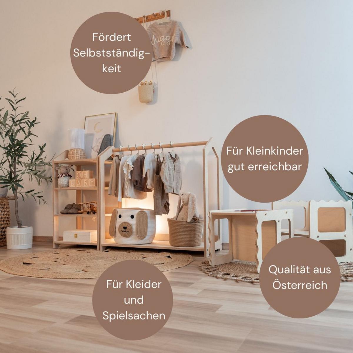 Montessori Garderobe für Kleinkinder - Birkefarben, Basics, Holz (124/43/81cm) - CLIFF