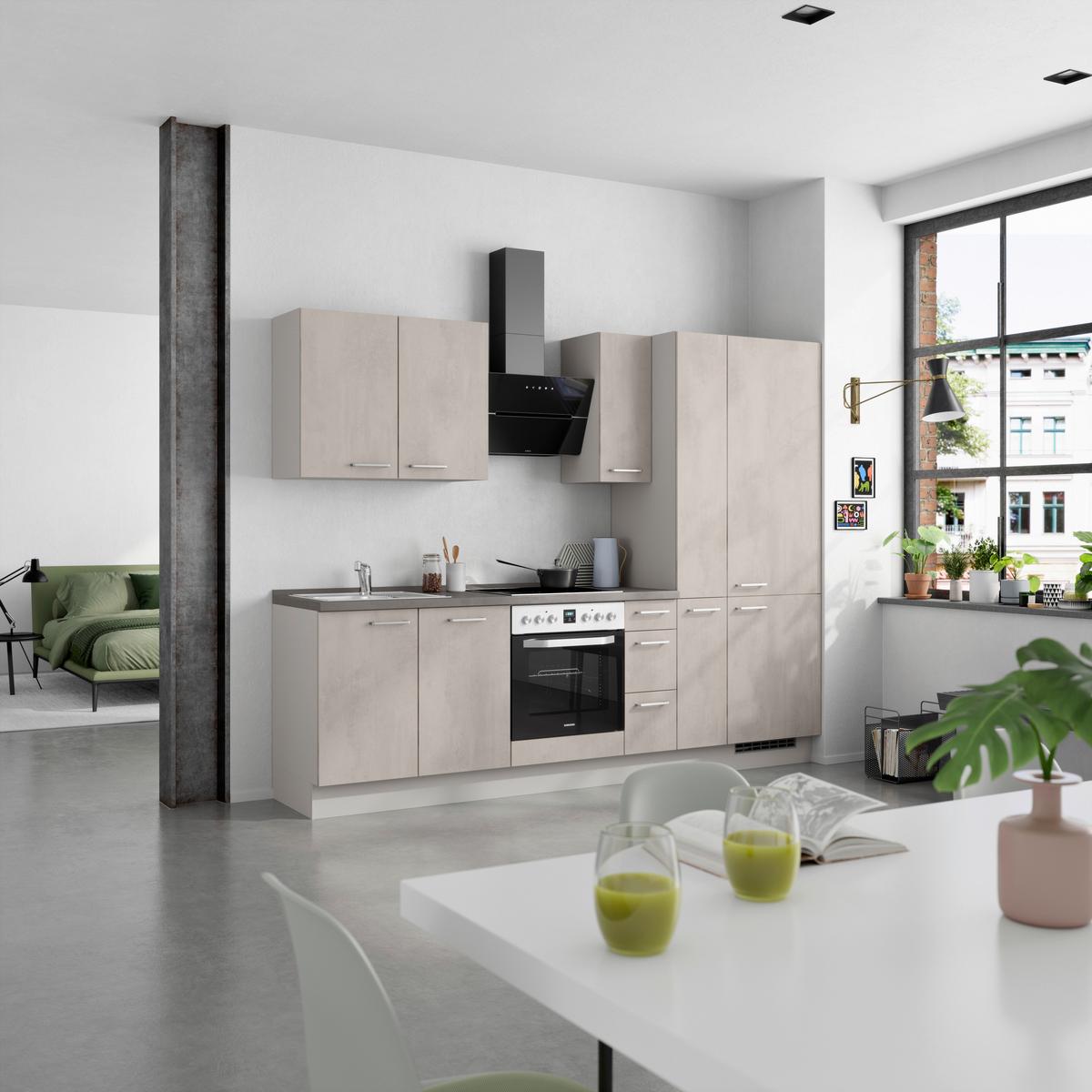 Kuchynská linka 270 cm, šedý betón/ kamenná šedá - sivá/farba ušľachtilej ocele, Modern, kov/kompozitné drevo (270cm) - Nobilia