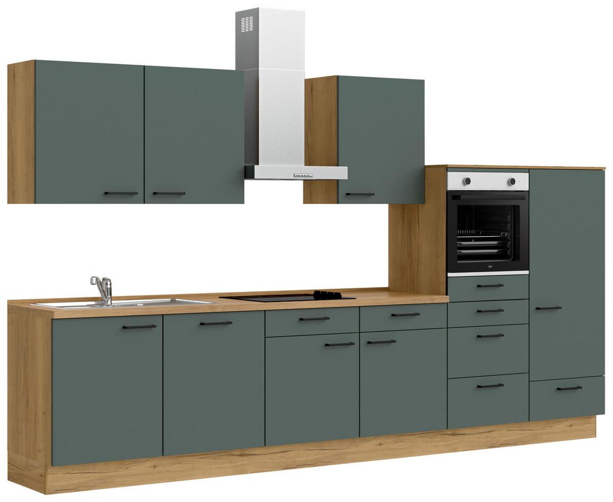 Kuchyňská linka 360 cm, minerální zelená,ultra matná - barvy dubu/černá, Moderní, kov/kompozitní dřevo (360cm) - Nobilia