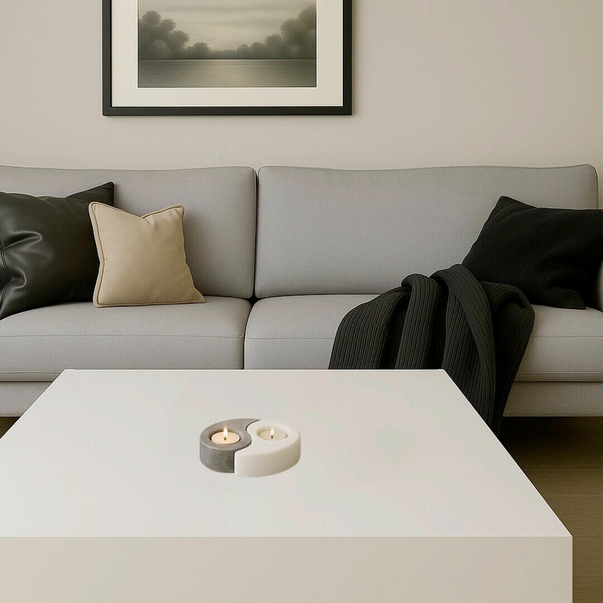 Stojan na sviečku SOLUNA - biela/tmavosivá, Modern, kameň (12cm)