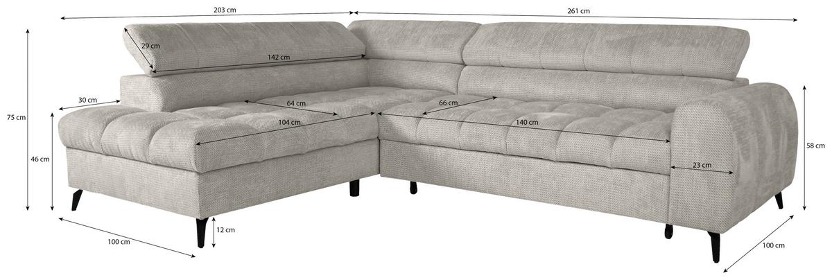 Ecksofa Volf Rechts New Cremefarben, S: 261x203 cm - Creme/Schwarz, Trend, Kunststoff/Textil (261/203cm)