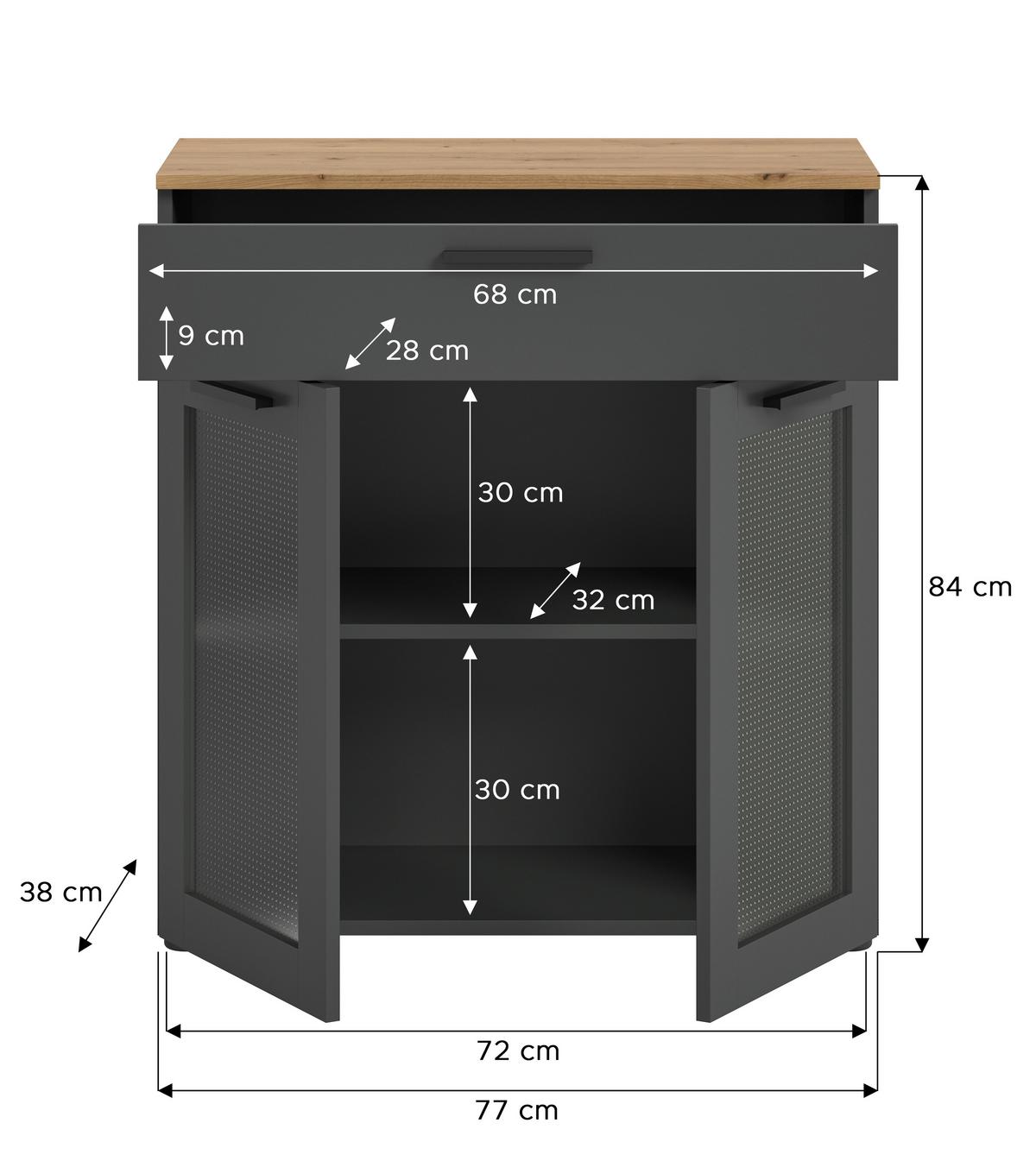 Kommode Niklas Grau/Eiche Dekor B: 78 cm - Schwarz/Eiche Artisan, Design, Glas/Holzwerkstoff (78/84/38cm) - MID.YOU