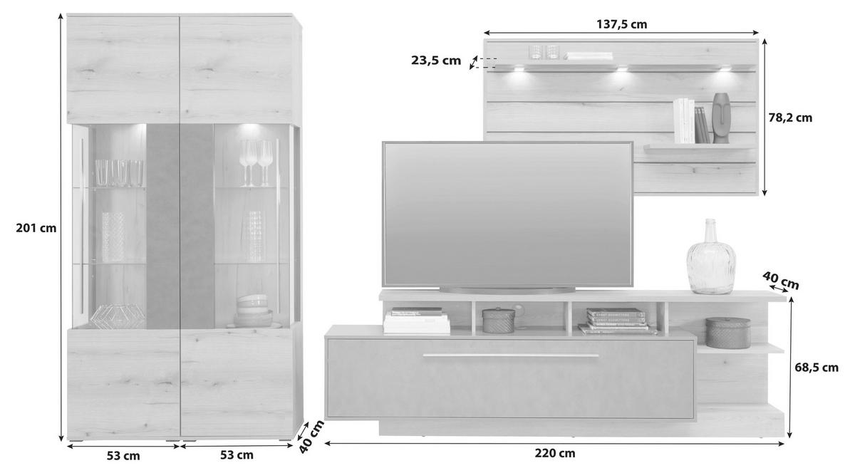 Wohnkombination 4-Tlg. Limit, Eiche Dekor/Matera - MODERN, Glas/Holzwerkstoff (326/201/40cm)