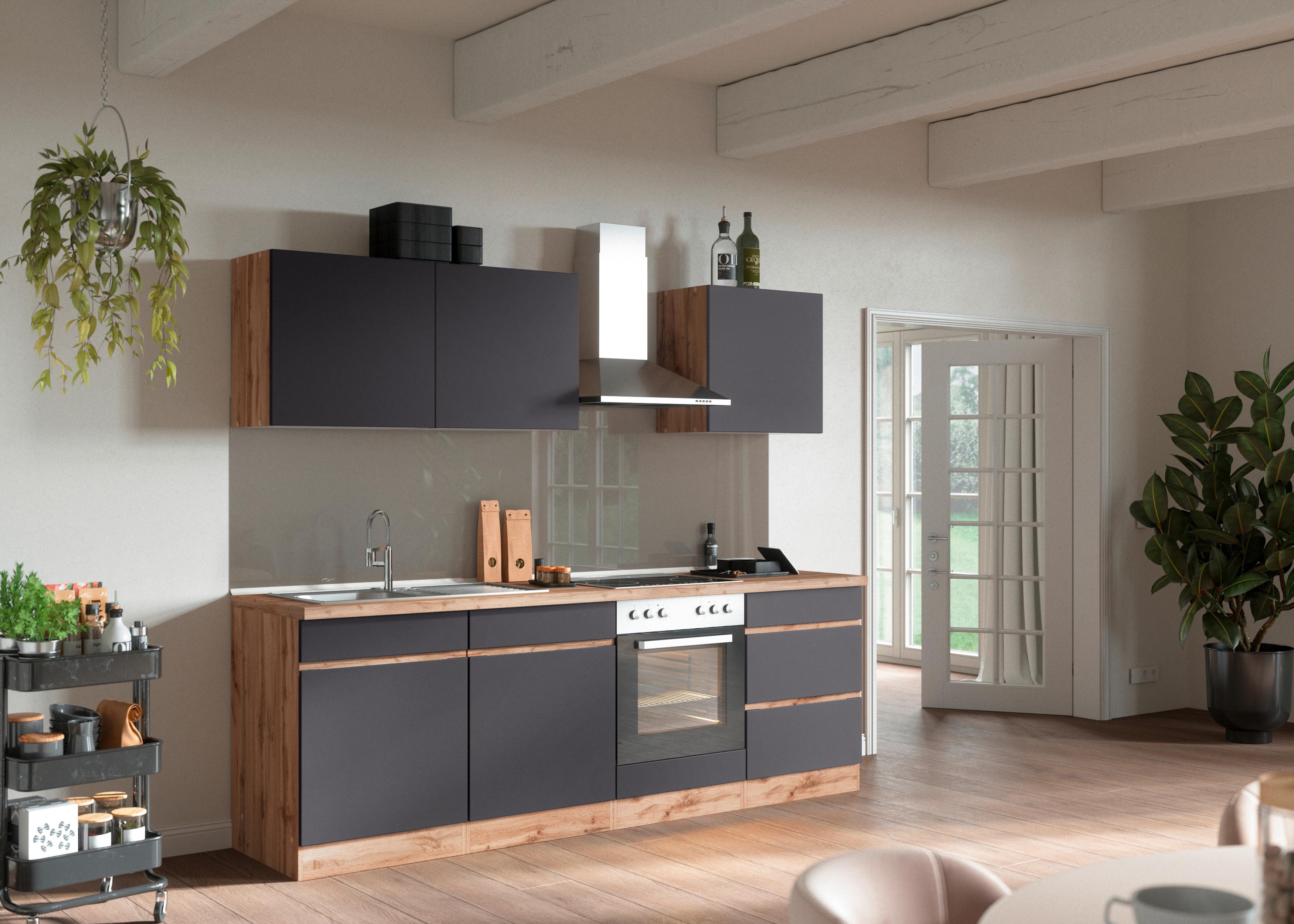 Küchenzeile Turin ohne Geräte 240 cm Grau/Eichefarben - Eiche Wotan/Grau, Design, Holzwerkstoff (240cm) - Held