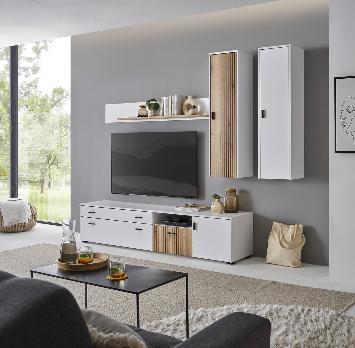 Lowboard Hudson Weiß/Eichefarben B: 200 cm - Eichefarben/Schwarz, Design, Holzwerkstoff (200/44/42cm) - MID.YOU