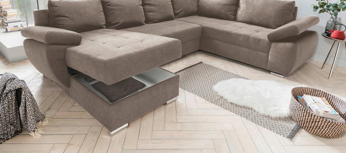 Wohnlandschaft Terana Mit Schlaffunktion, Taupe - Taupe/Chromfarben, KONVENTIONELL, Textil (157/305/219cm) - Livetastic