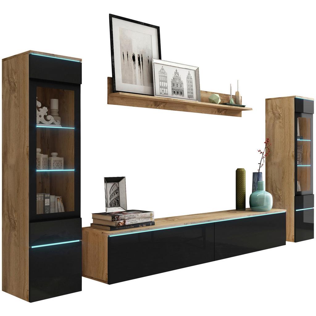 Wohnwand Vera II 4-teilig Schwarz/Eiche Dekor B: 240cm