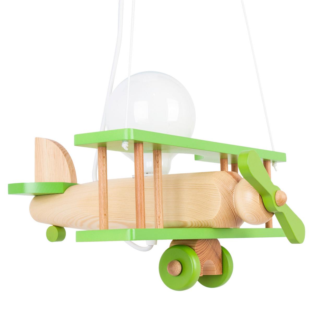 Kinderhängeleuchte Flugzeug H: 75 cm 1-Flammig - Naturfarben/Grün, KONVENTIONELL, Holz (29/31/75cm)