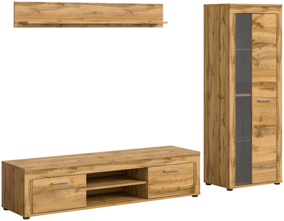 Wohnwand Eiche Dekor 3-Teilig B: 235 Cm - Eiche Wotan/Schwarz, Design, Glas/Holzwerkstoff (235/159/35cm) - MID.YOU