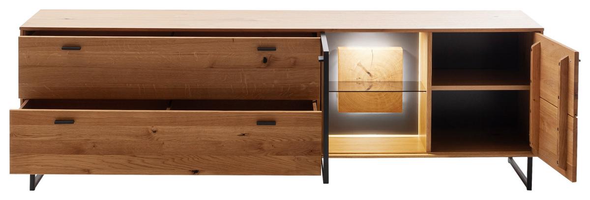 Lowboard Assini B: 213 cm Wildeiche - Wildeiche/Schwarz, Design, Glas/Holz (213/68/50cm) - MID.YOU