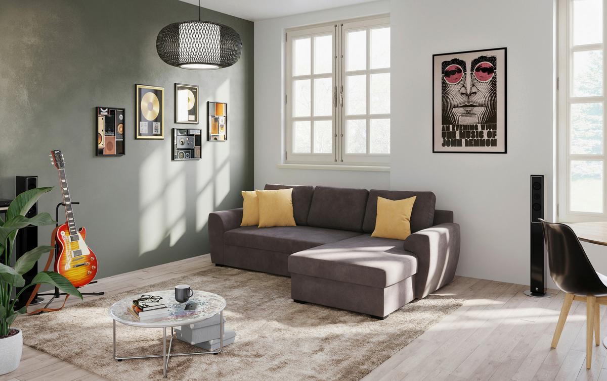 Ecksofa mit Bettfunktion Mikrofaser schwarz, B: 253cm - Schwarz/Braun, Trend, Textil (253/154cm) - MID.YOU