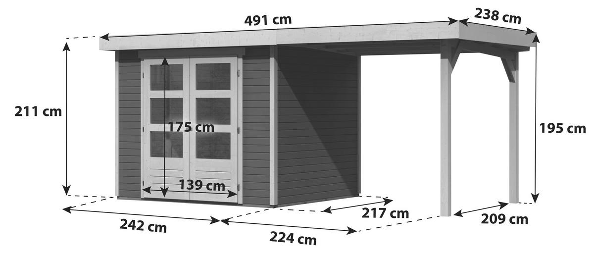 Gartenhaus Mit Anbaudach Terragrau 482x211x217cm - Grau, Holz (482/211/217cm) - Karibu
